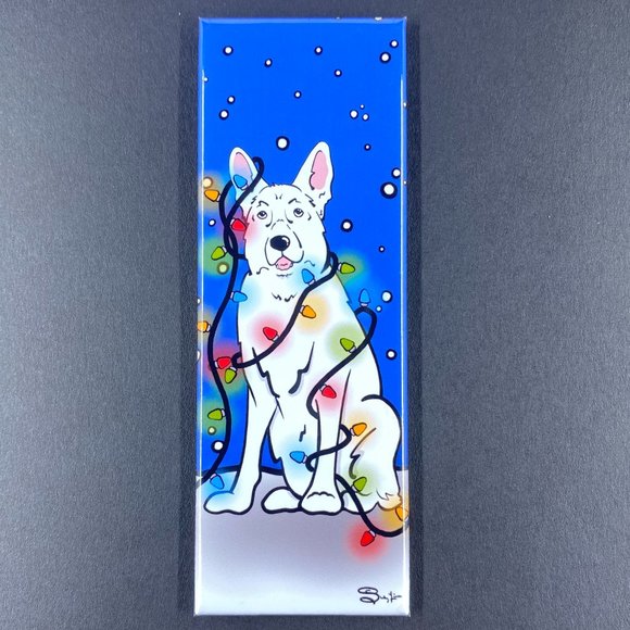 White German Shepherd Dog Christmas Lights Magnet - Picture 1 of 3